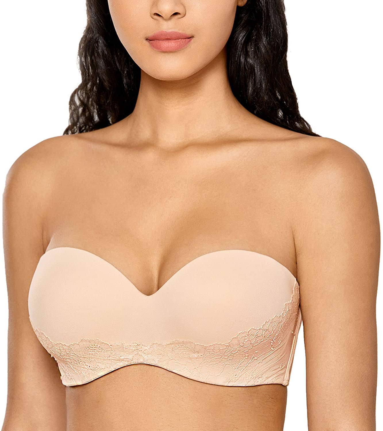 Price:$21.99 DOBREVA Women's Lace Strapless Bra Underwire Lightly Padded Multiway Bandeau at Amazon Women’s Clothing store