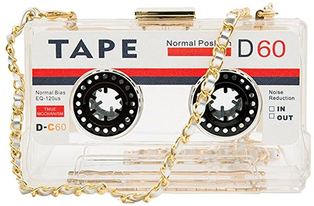 Price:$26.98 Kuang Women Retro Cassette Tape Paris Perfume Clutch Square Box Clear Shoulder Bag Elegant Banquet Evening Crossbody Handbag  Handbags   