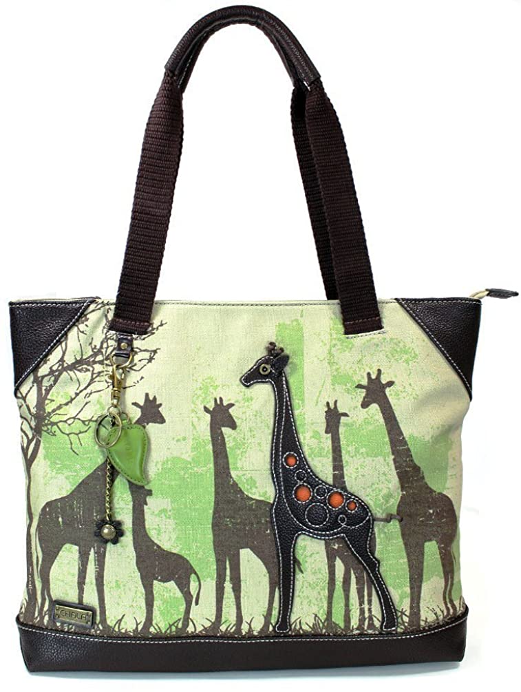 Price:$54.50    Chala Safari Forest Animal- Large Canvas Tote Shoulder handbag with detachable Purse Charm - Giraffe Tote  Clothing
