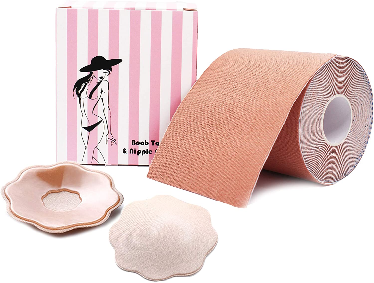 Price:$9.99    Breast Tape and 2 Pairs Petal NippleCover Set for A-DD and E Cup Big Size,Breast Lift Large Tape,Reusable Backless NippleCovers,Push up Tape,Body Tape,Bra Tape,Waterproof Foot Tape,Medical Athletic  Clothing