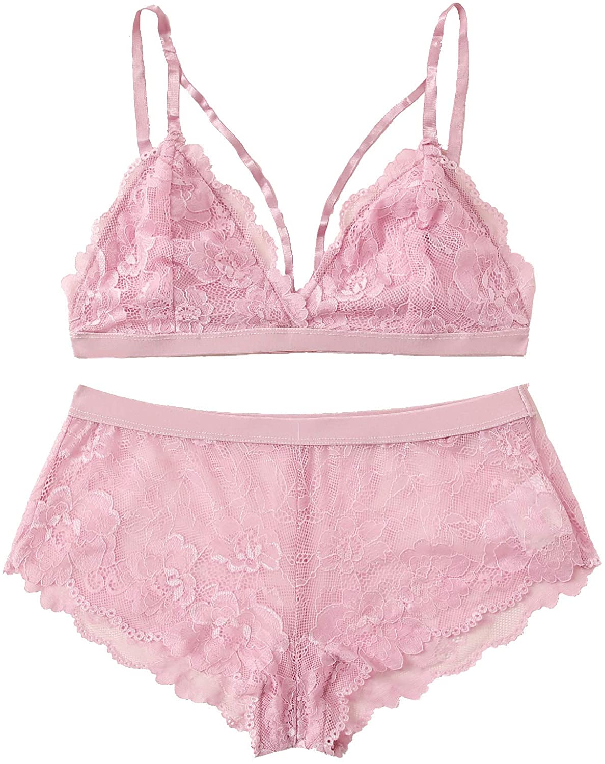 Price:$12.99    SweatyRocks Women's 2 Piece Sexy Lace Strap Bralette Bra and Panty Lingerie Set Light Pink M  Clothing