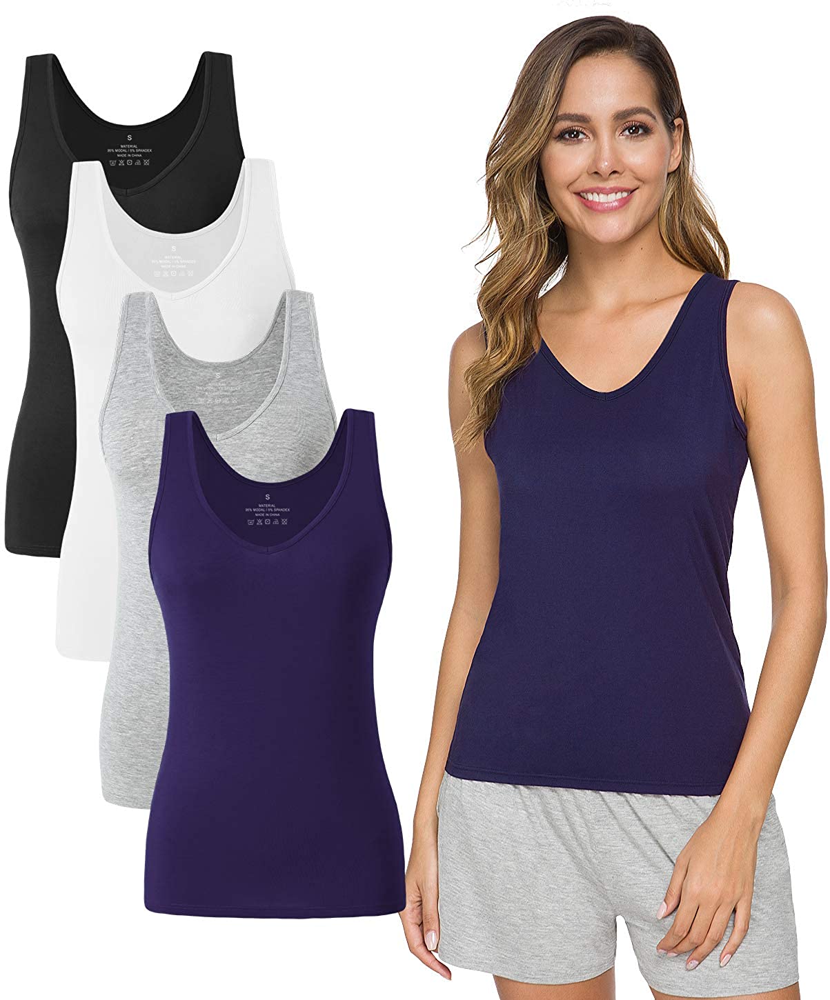 Price:$16.99 Xelky Womens 2-4 Pack Tank Tops V Neck Undershirt Lightweight Plain Sleeveless Shirts Stretch Basic Wide Strap Tanks(S-XXL) at Amazon Women’s Clothing store