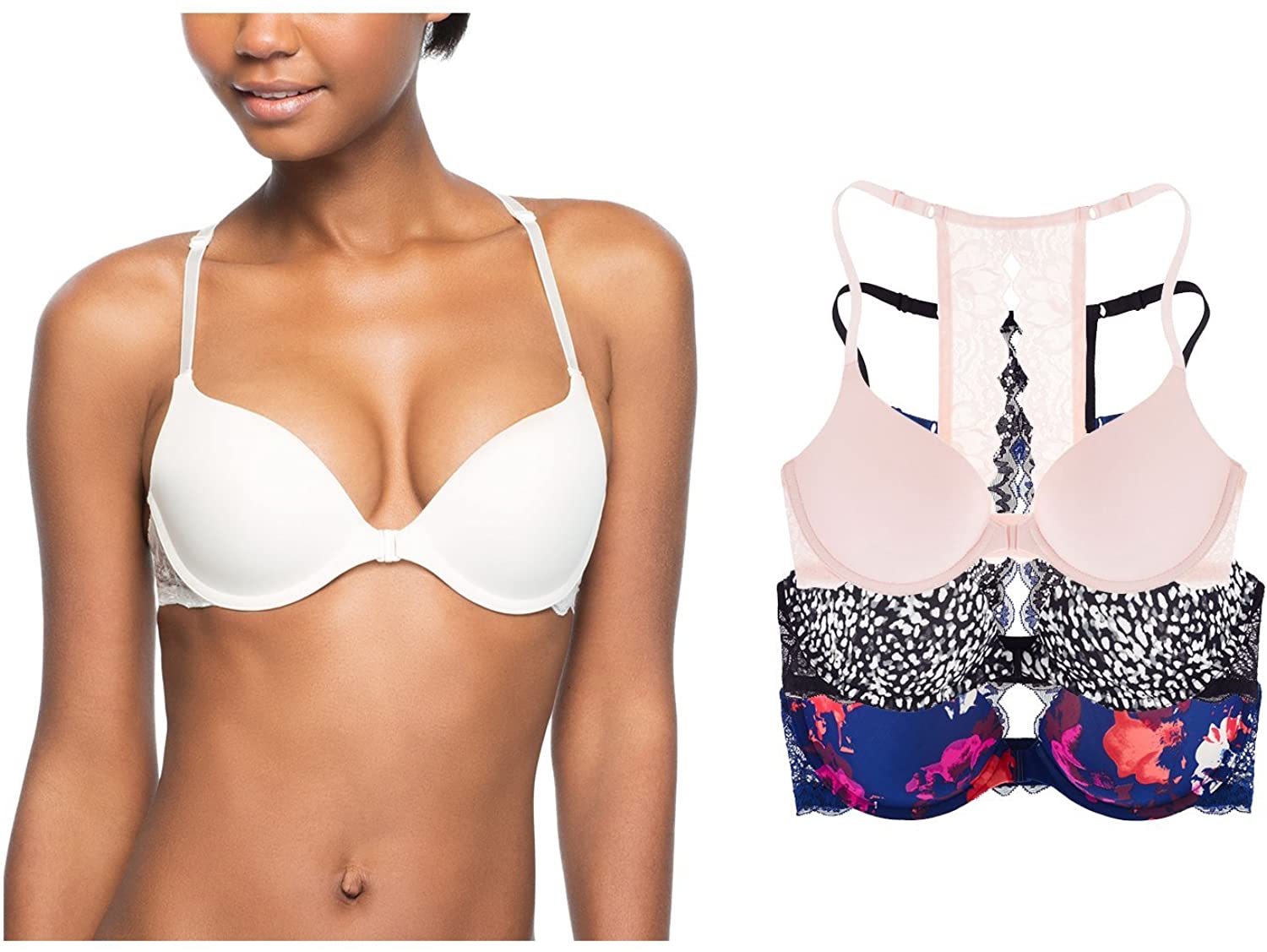 Price:$23.48 Undies.com Women's 3-Pack Lace Racerback Underwire Bra with Adjustable Straps, Roses/Noir/Blue at Amazon Women’s Clothing store