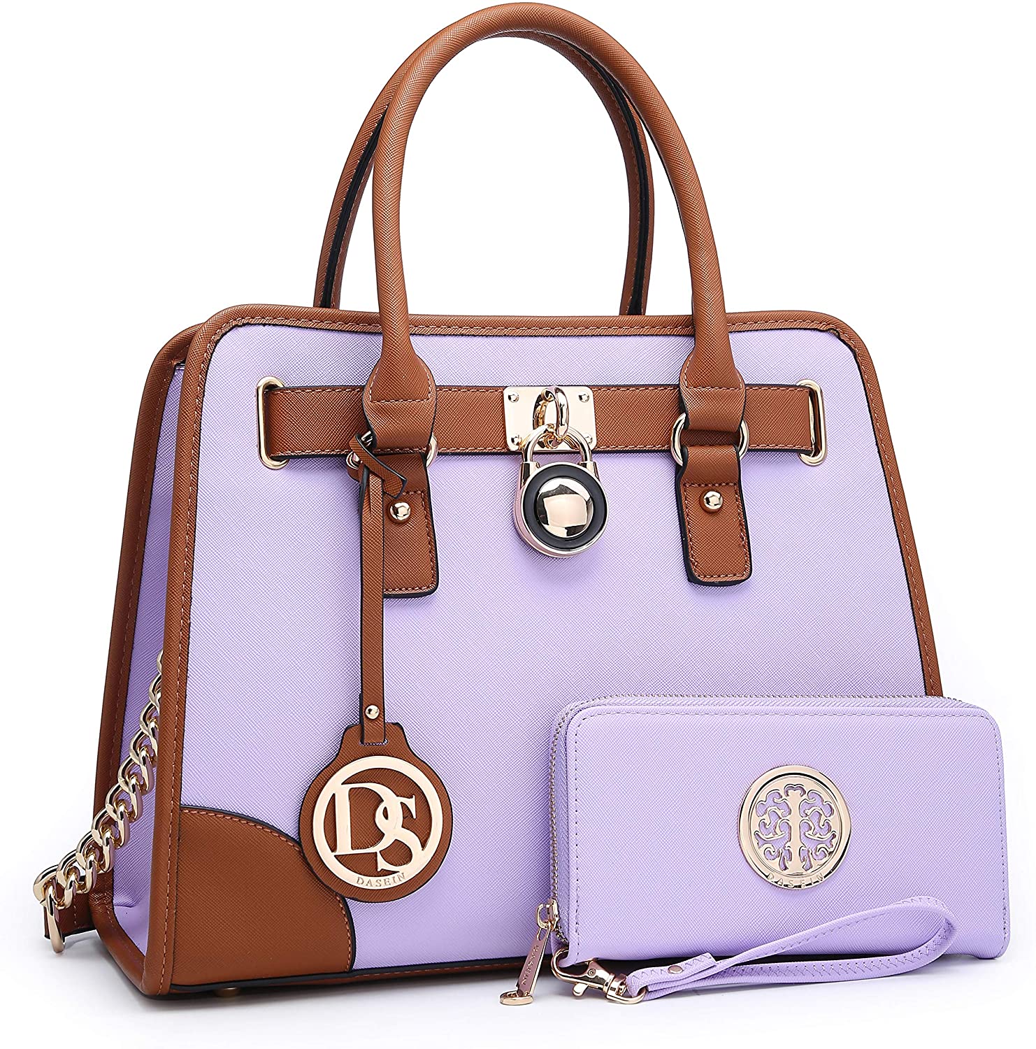 Price:$37.79    Fashion Women Satchel Handbags PU Leather Top Handle Tote Purse Chain Shoulder Bag with Wallet 2 Pcs Set (Light Purple)  Clothing