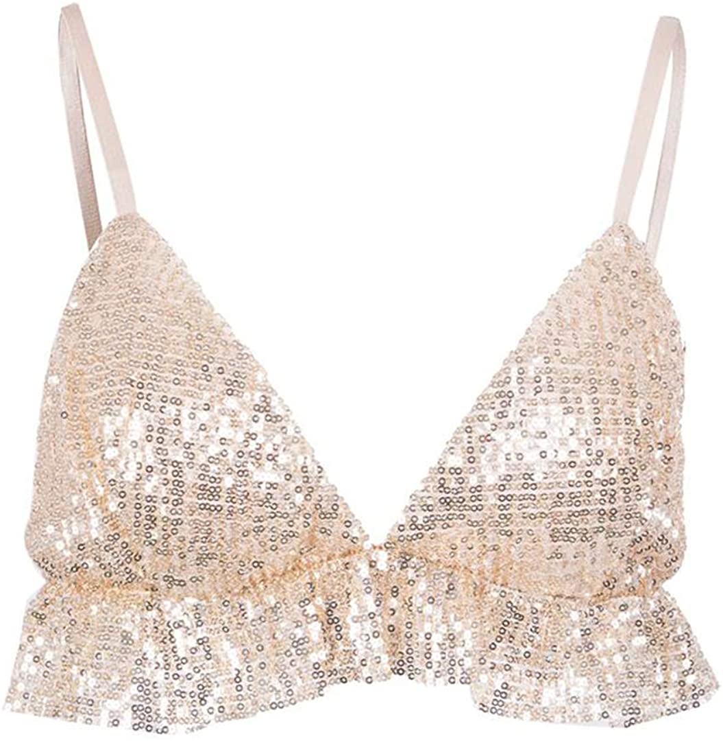 Price:$15.99 Maxrise Women's Sexy Sequin Ruffle Crop Top Rave Bandeau Vest Bra at Amazon Women’s Clothing store
