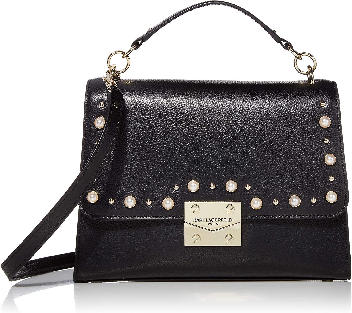 Price:$96.31 Karl Lagerfeld Paris Corinne Top Handle Shoulder Bag, Black/Gold  Handbags   
