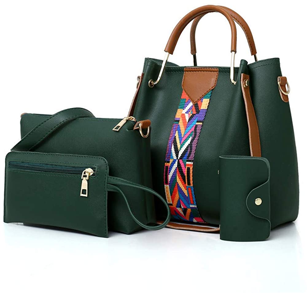 Price:$21.99 Women Handbag Set 4 in 1 Soft PU Leather Top Handle Bag, Tote Bag, Shoulder Bags Crossbody Bag Wallet Purse Set (Green)  Handbags   