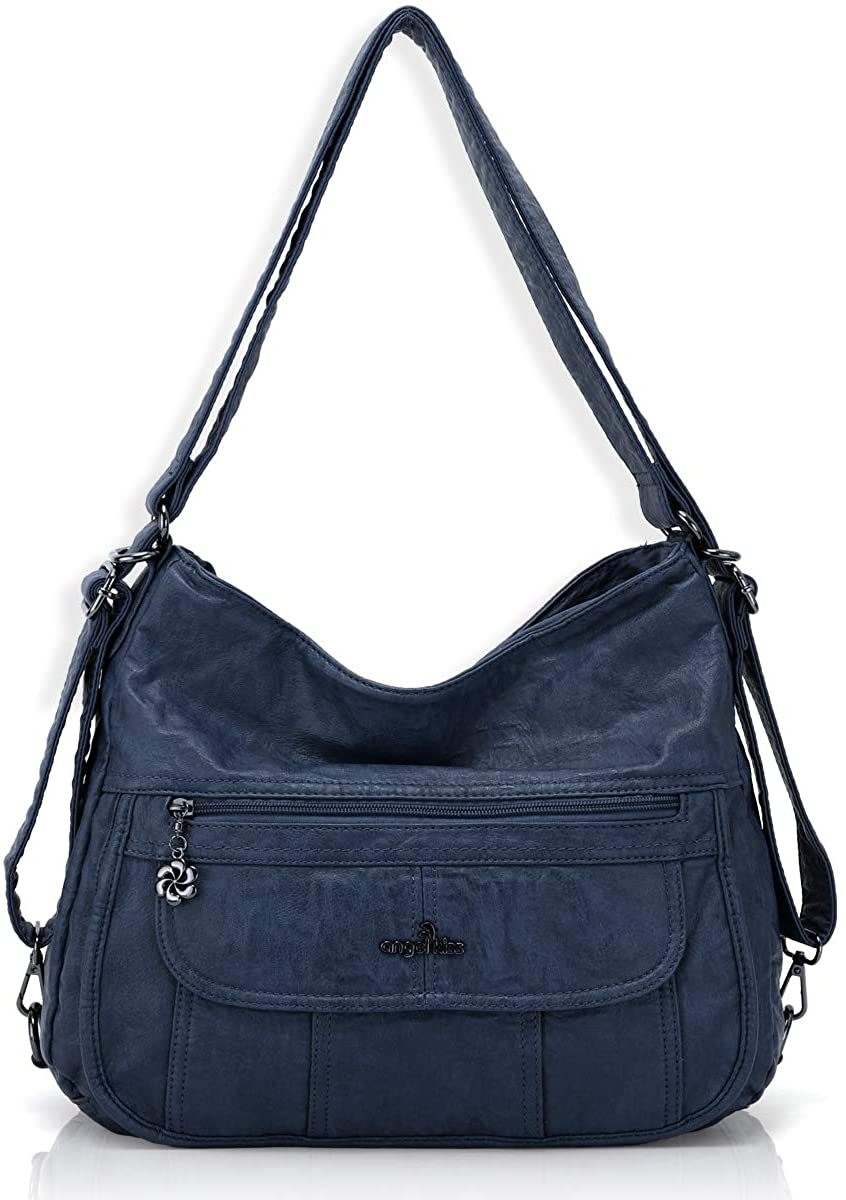 Price:$39.99    Women Handbags Shoulder Bags Washed Leather Satchel Tote Bag Mutipocket Purse (A-0105 Blue)  Clothing