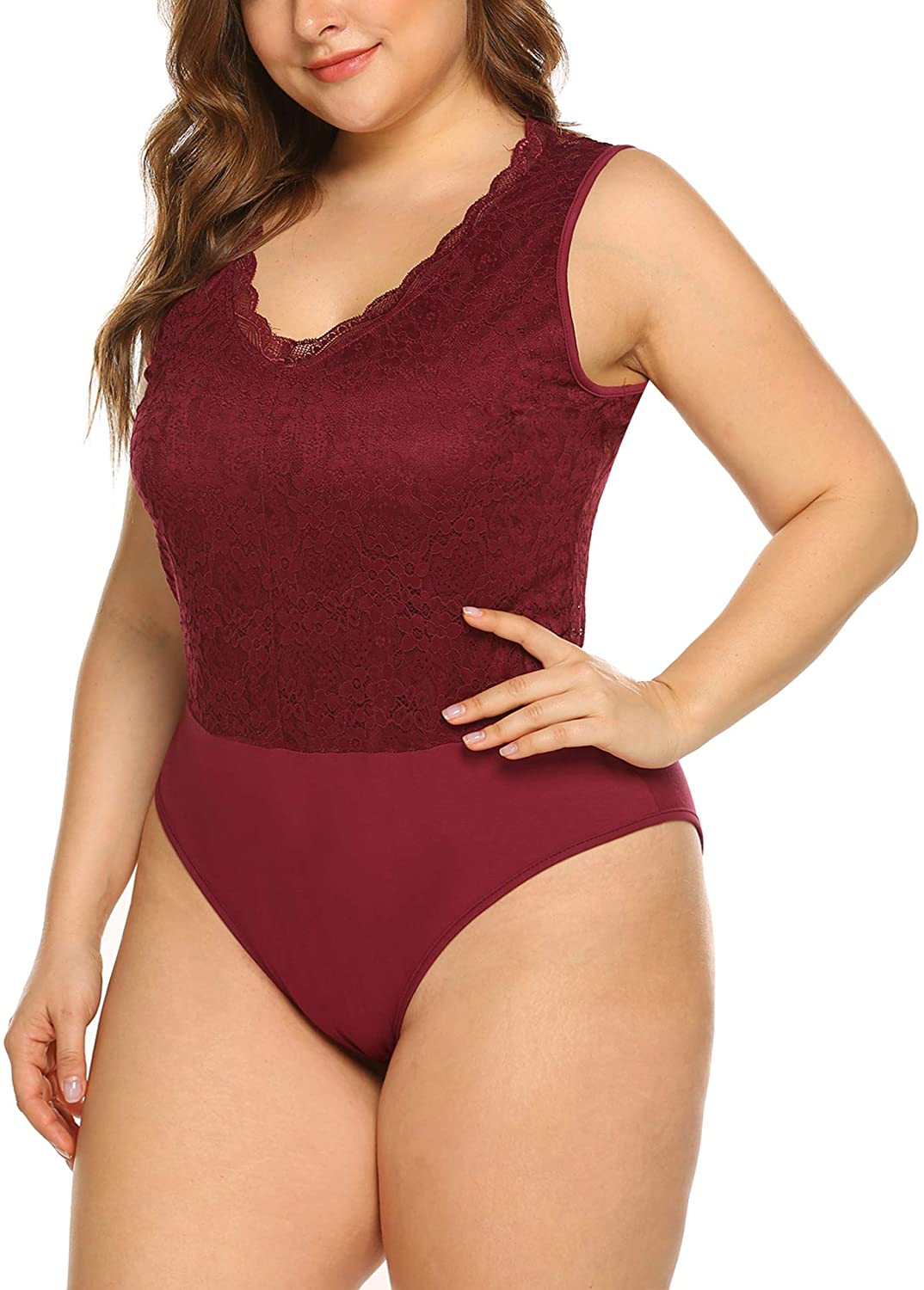 Price:$23.99 IN'VOLAND Women Plus Size Bodysuit-Lace Tops Strenchy V Neck Bodycon Leotards with Short Sleeve at Amazon Women’s Clothing store