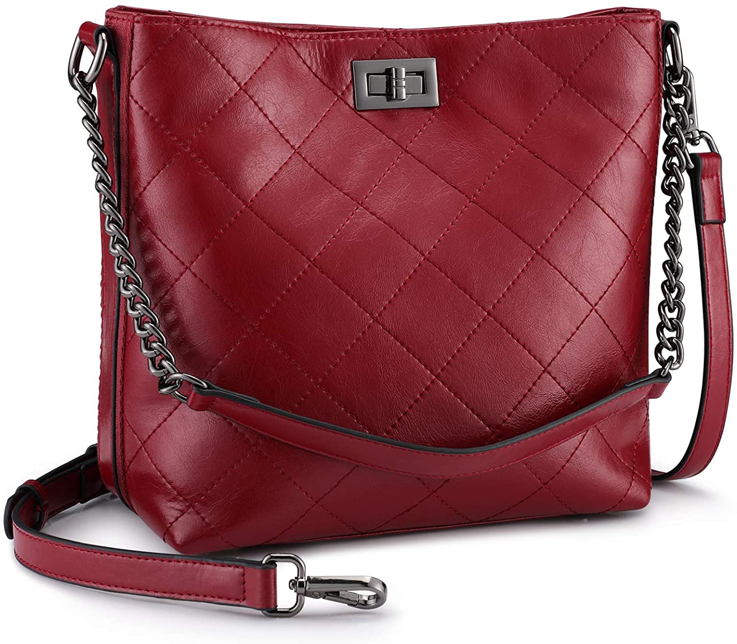 Price:$47.99 S-ZONE Women Crossbody Shoulder Bag Leather Bucket Hobo Handbag Work Tote Purse(Wine Red)  Handbags   