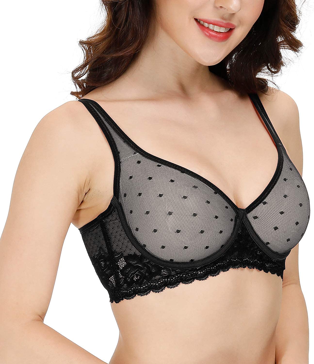 Price:$19.99 Sheer See Through Bras Sexy Lace Unlined Underwire Minimizer Unpadded Bralette at Amazon Women’s Clothing store