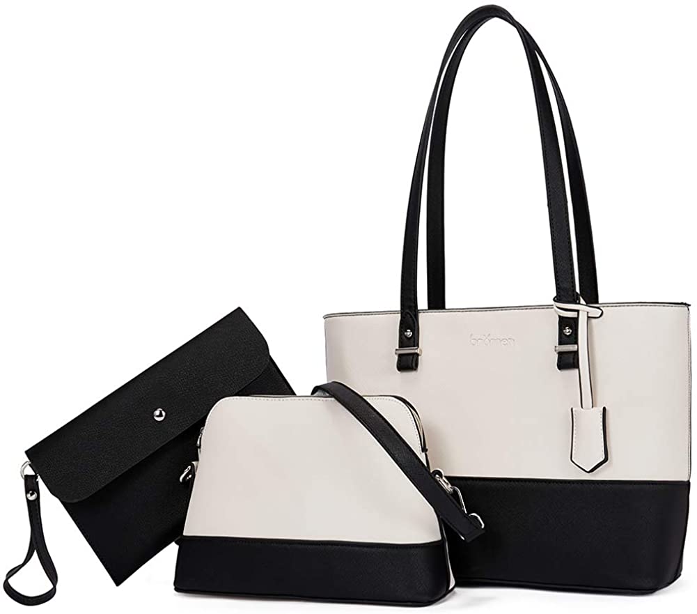 Price:$39.99    BROMEN Tote Purses for Women Designer Leather Handbag Shoulder Satchel Bag 3pcs Set Beige with Black  Clothing