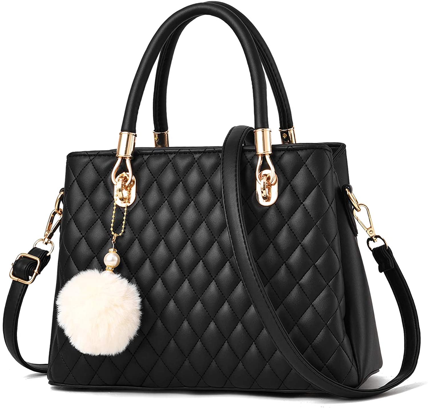 Price:$25.99    I IHAYNER Womens Leather Handbags Purses Top-handle Totes Satchel Shoulder Bag for Ladies with Pompon Black  Clothing