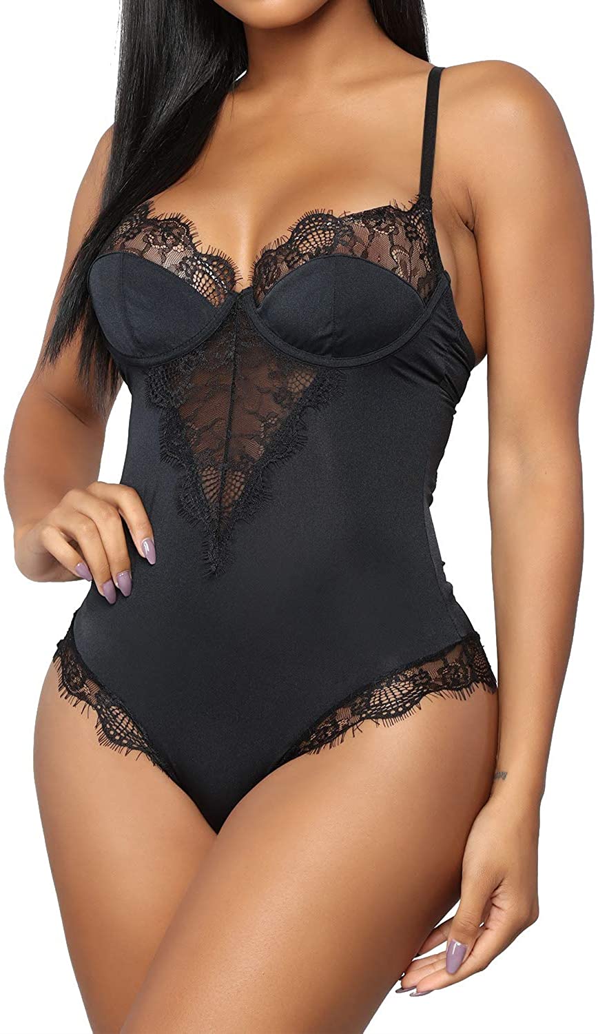 Price:$17.49 Dewinya Sexy Tank Top Bodysuit for Women Underwire Snap Crotch Lace Trim Teddy Lingerie XX-Large Black at Amazon Women’s Clothing store