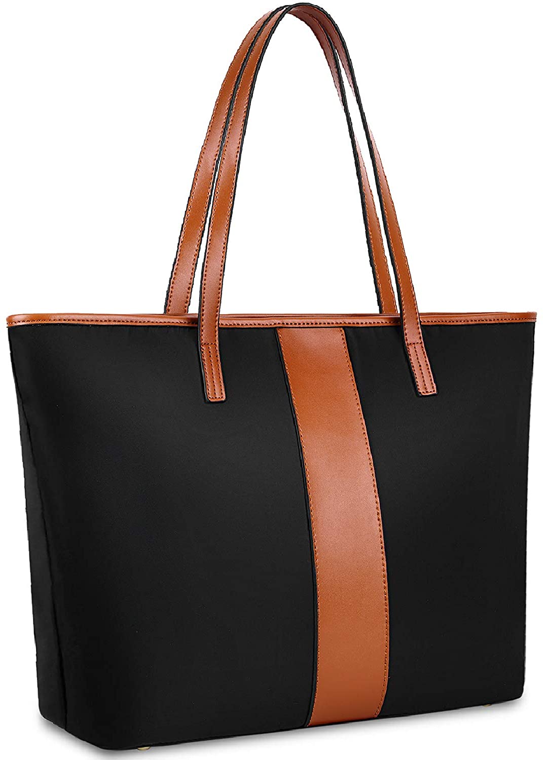 Price:$39.99    YALUXE Women Nylon Genuine Leather Shoulder Bag Lightweight Tote Bag Top Handle Bag Casual Handbag - Brown&Black  Clothing