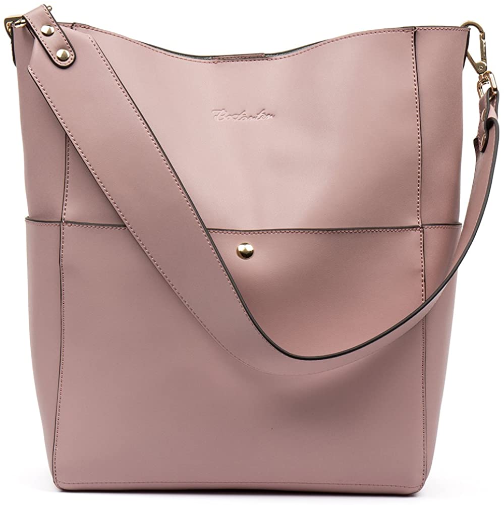 Price:$69.99    BOSTANTEN Women's Leather Designer Handbags Tote Purses Shoulder Bucket Bags Taro Pink  Clothing