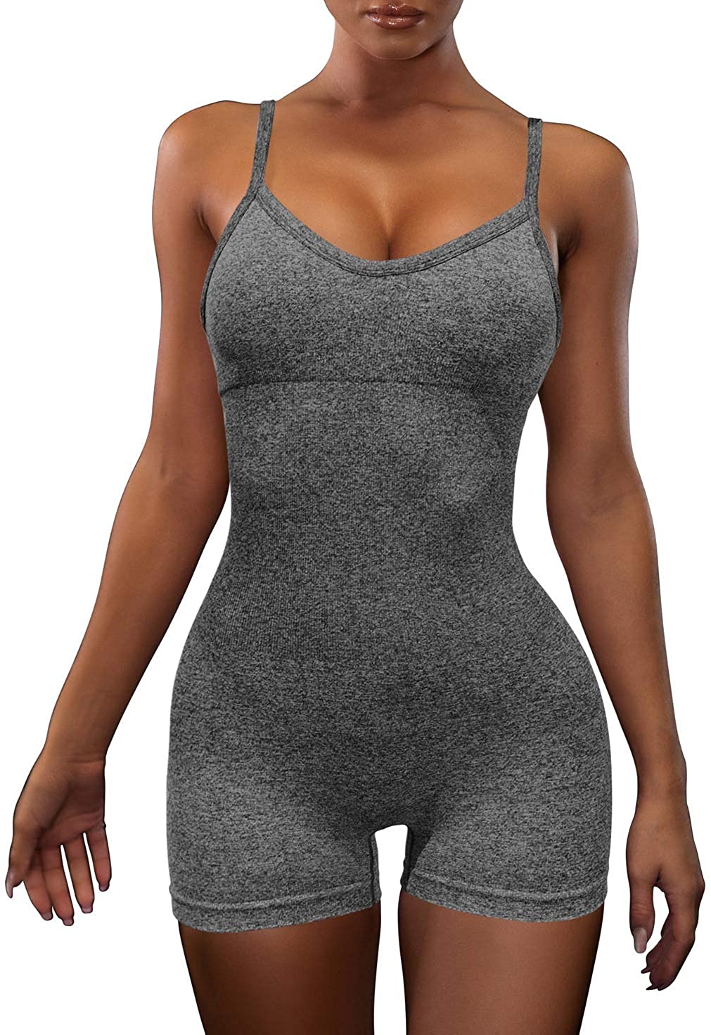 Price:$19.99 OQQ Women's Yoga Gym Seamless Spaghetti Strap Jumpsuit Workout Racerback Paded Sports Bra Top Romper at Amazon Women’s Clothing store