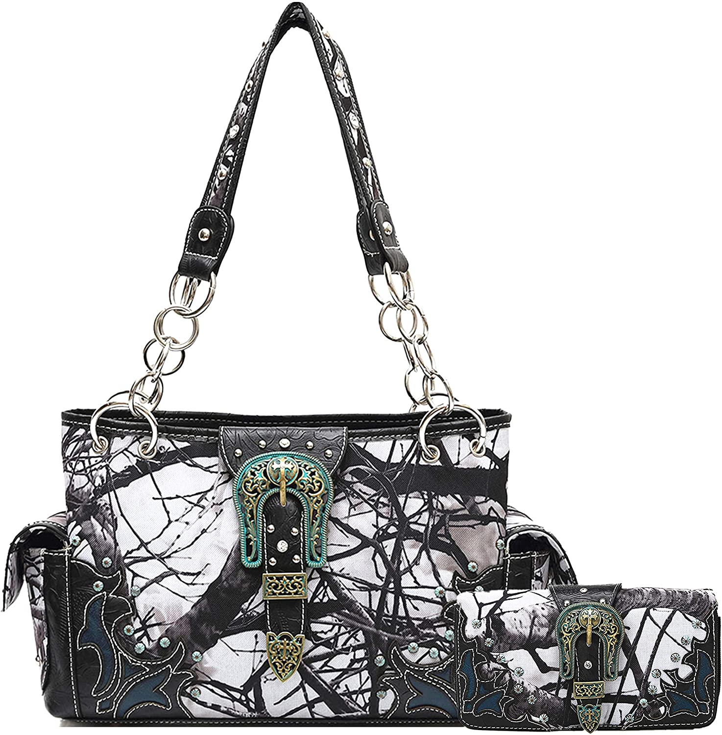 Price:$62.95 Western Style Camouflage Concealed Carry Purse Buckle Country Studs Women Handbag Shoulder Bag Wallet Set (Black Set #2)  Handbags   