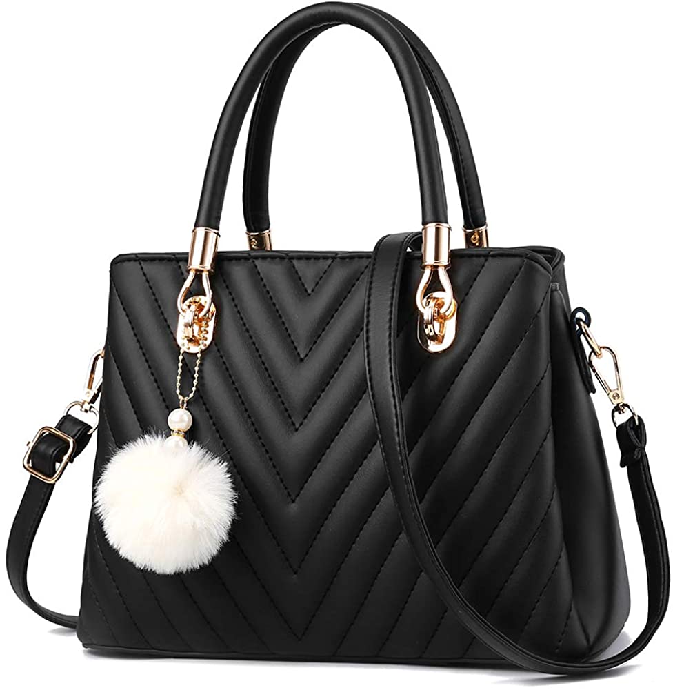 Price:$25.99    Womens Fashion Leather Handbags Quilted Purses Top-handle Totes Satchel Bag for Ladies Shoulder Bag for Girls with Pompom Black  Clothing