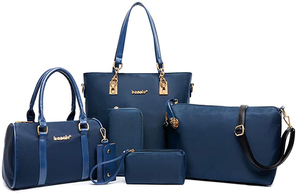 Price:$26.99    AlwaySky Nylon Women's Shoulder Bag 6 PCS Top-Handle Handbag Tote Purse Wallet Key Case Set (Blue)  Clothing