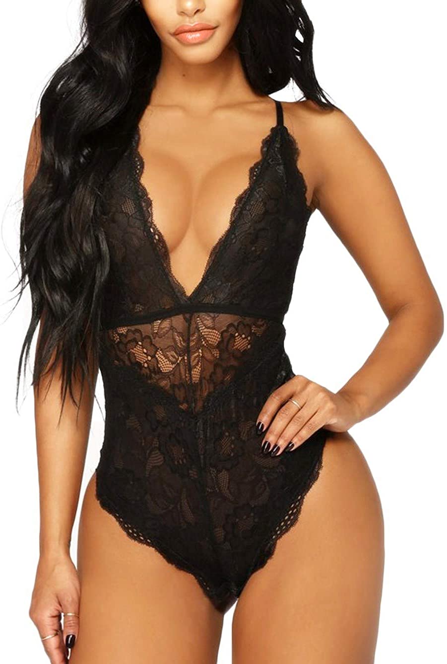 Price:$13.99 Kaei&Shi V-Neck See Through Lingerie Floral Lace Babydoll Sexy Lingerie for Women One Piece Teddy Bodysuit Black X-Large at Amazon Women’s Clothing store