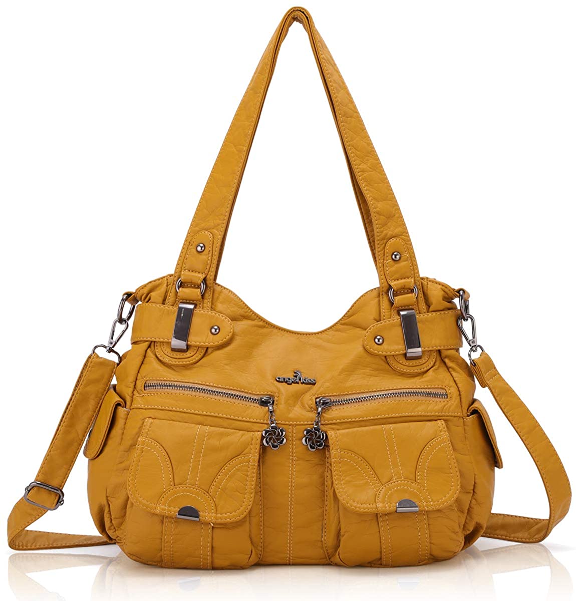 Price:$39.99    Women Handbags Shoulder Bags Washed Leather Satchel Tote Bag Mutipocket Purse (5739 Yellow)  Clothing