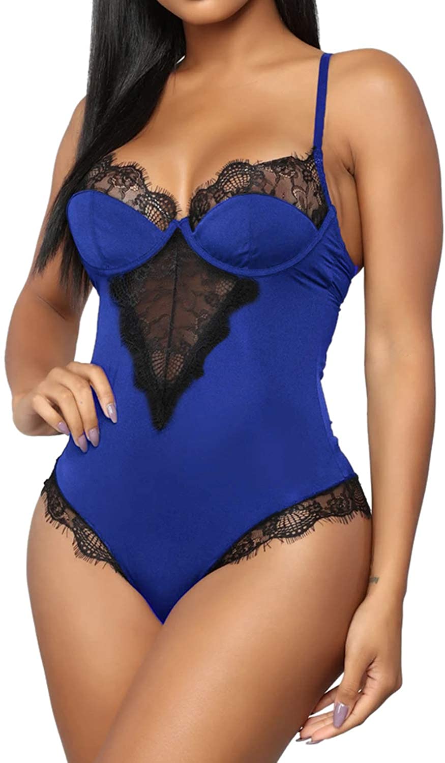 Price:$17.49 Dewinya Sexy Tank Top Bodysuit for Women Underwire Snap Crotch Lace Trim Teddy Lingerie Small Blue at Amazon Women’s Clothing store
