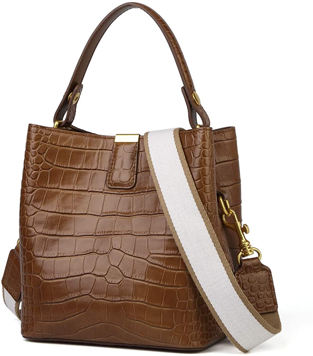 Price:$74.99 FOXER Women Leather Handbags Designer Crocodile Pattern Bucket Bag Shoulder Bag (Brown)  Handbags   