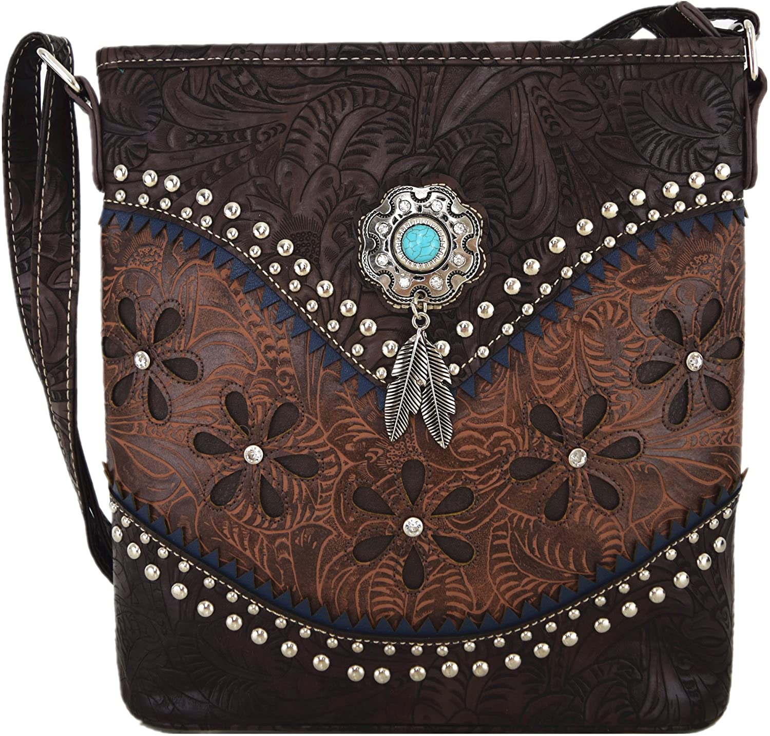 Price:$32.95 Western Style Tooled Leather Cross Body Handbags Concealed Carry Purse Women Country Single Shoulder Bag (Coffee)  Handbags   