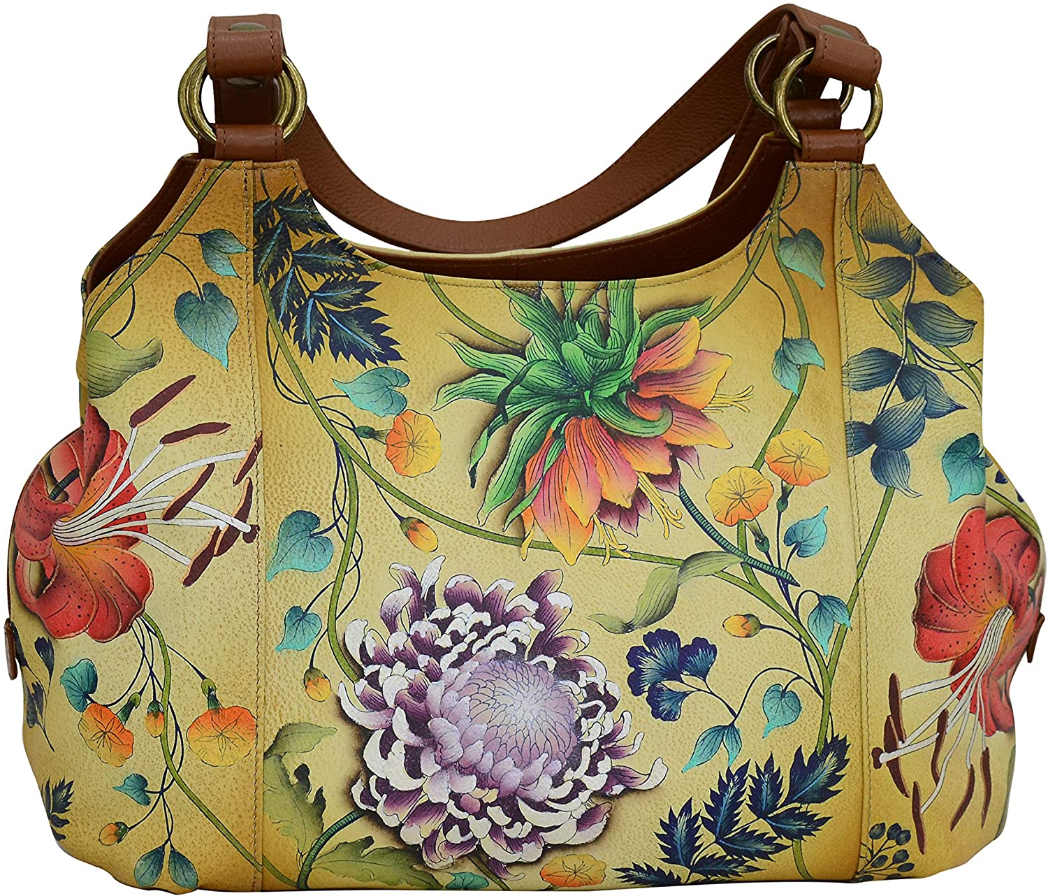 Price:$262.40    Anuschka Women’s Genuine Leather Large Triple Compartment Hobo - Hand Painted Exterior - Caribbean Garden  Clothing