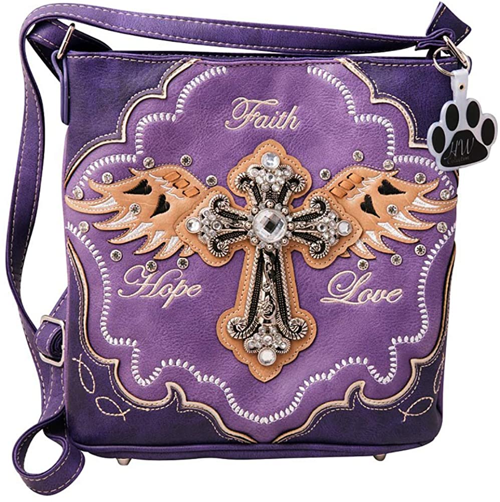 Price:$39.99 HW Collection Western Handbag Rhinestone Cross Angelic Wings Faith Hope Love Concealed Carry Crossbody Purse Shoulder Bag (Purple)  Handbags   