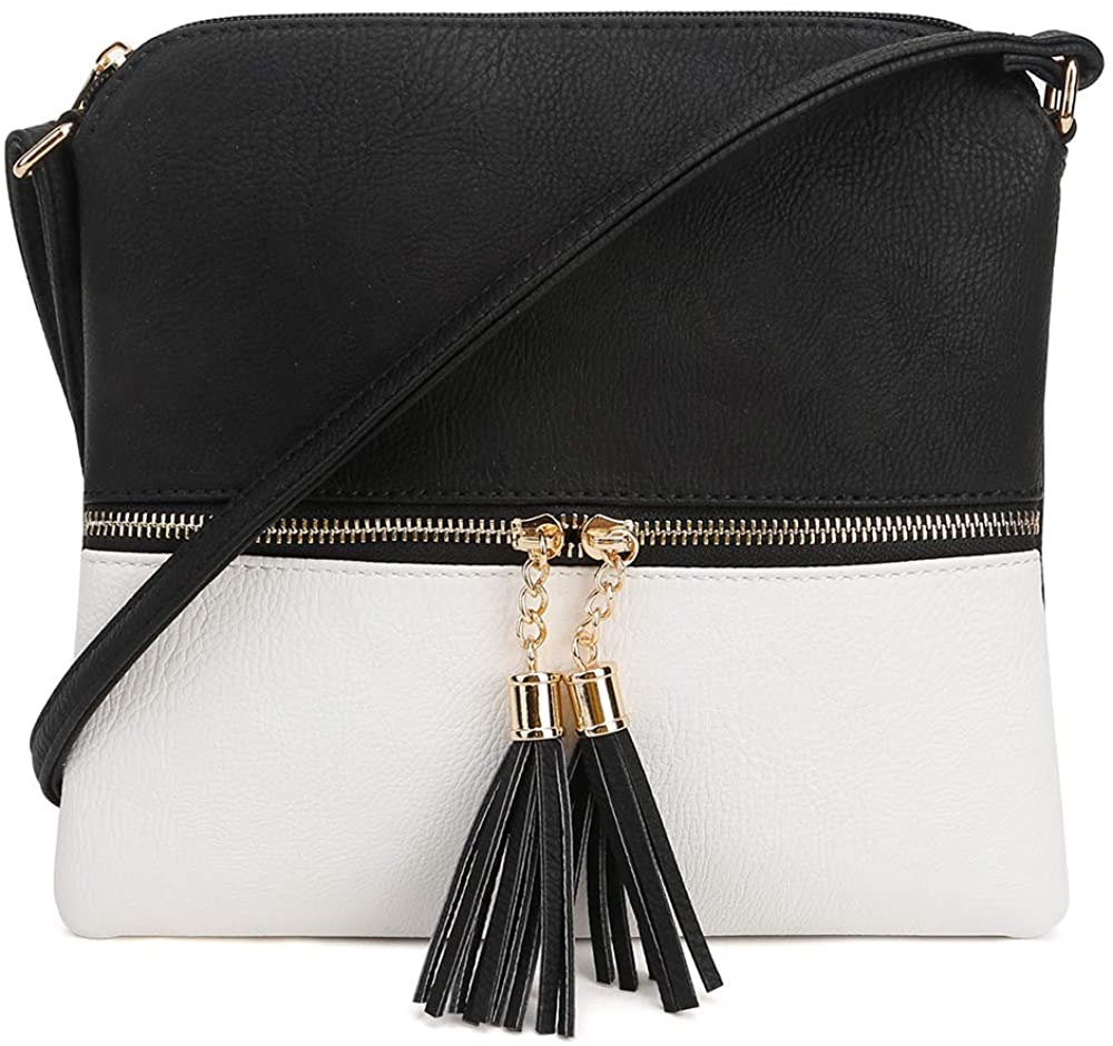 Price:$16.99 SG SUGU Lightweight Medium Crossbody Bag Shoulder Bag with Tassel and Zipper Pocket (Black/White)  Handbags   