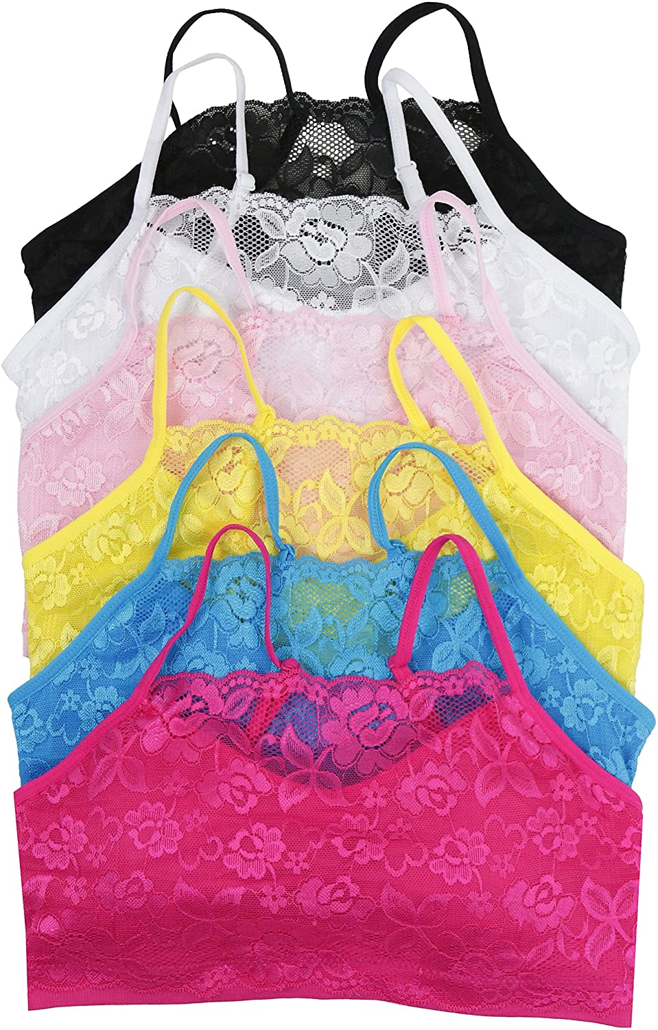 Price:$26.95 ToBeInStyle Women’s Pack of 6 Seamless Lace Over Panel Padded Bralettes (One Size Regular, Assortment) at Amazon Women’s Clothing store