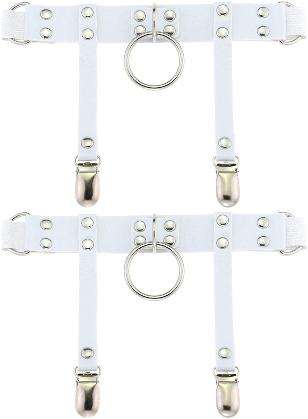 Price:$15.99    Women Girl Leather O Ring Garters Punk Rock Rivet Leg Elastic Garter Suspender 2pcs, White, One Size  Clothing