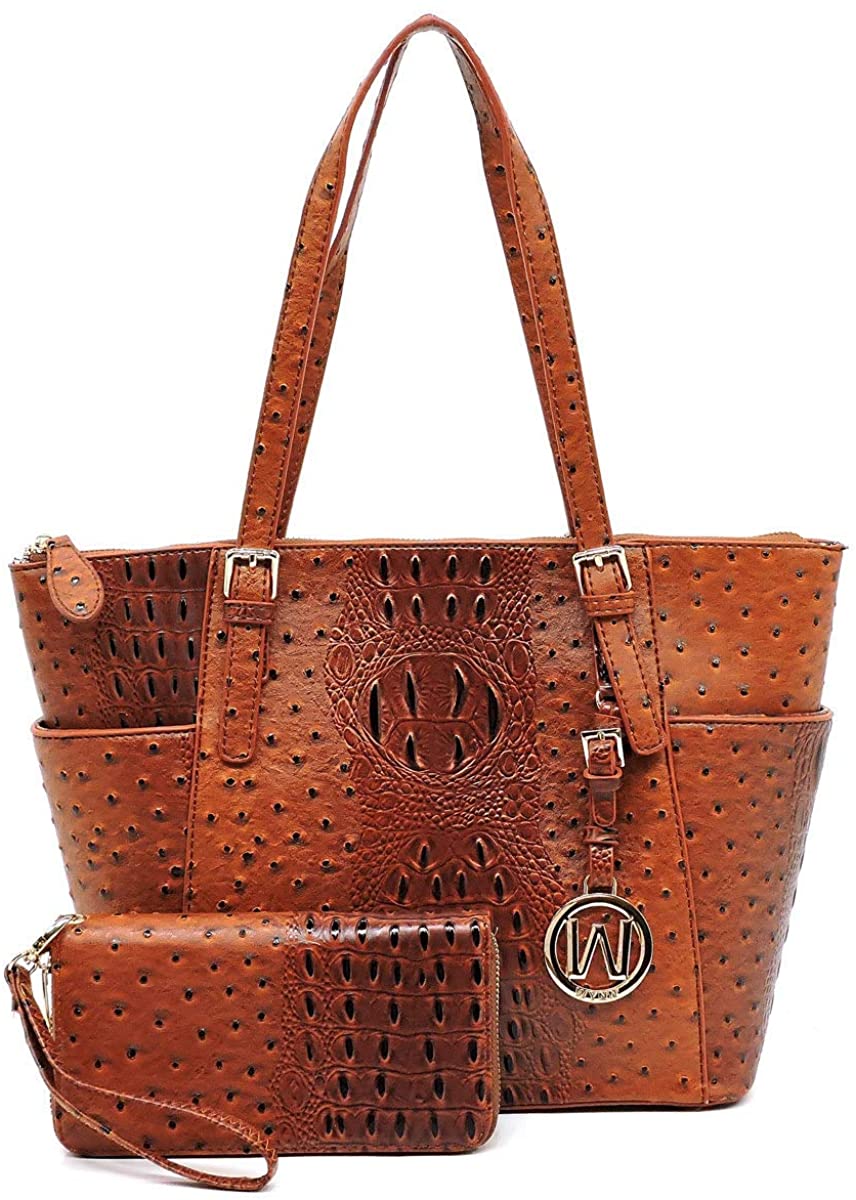 Price:$39.99    Vegan Faux Leather 2 PC Set Ostrich Croco Embossed Tote Shoulder Bag shopper with Matching Wallet (Tan)  Clothing
