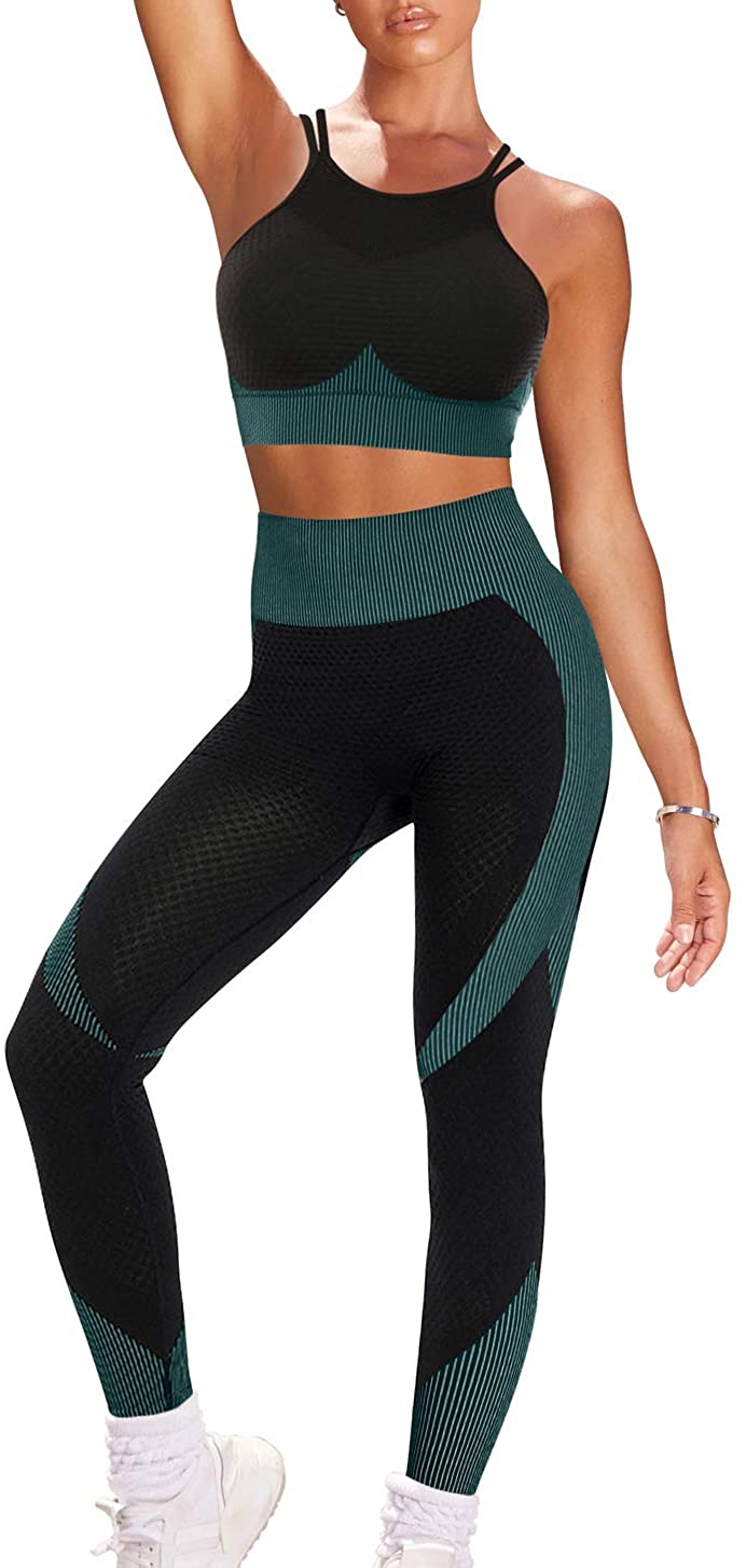 Price:$21.99 OQQ Women's Seamless 2 Piece Yoga Gym Outfit Workout Racerback Paded Sports Bra Top Leggings Set at Amazon Women’s Clothing store