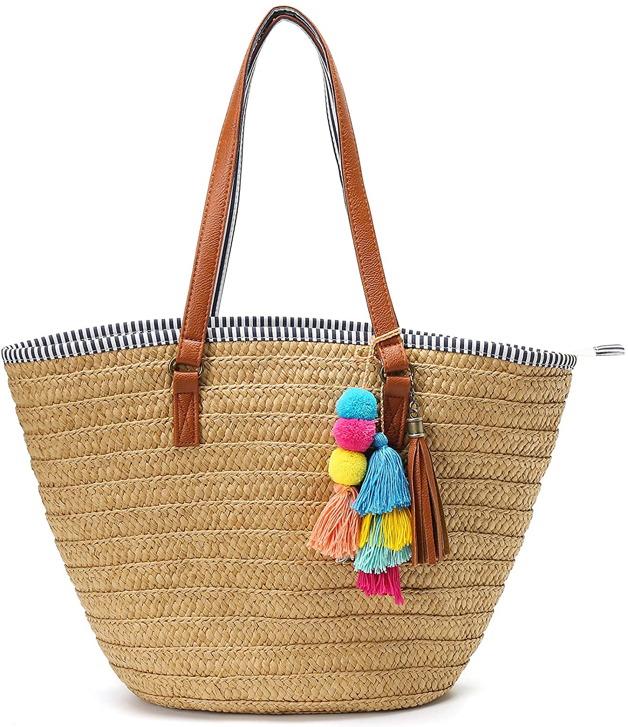 Price:$26.99    Epsion Straw Beach Bags Tote Tassels Bag Hobo Summer Handwoven Shoulder Bags Purse With Pom Poms  Clothing