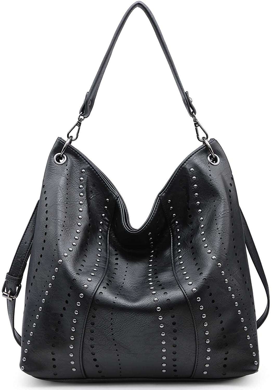Price:$35.99    Ladies Large Hobo Shoulder Bag Bucket Handbag Purse for Women with Studs Vegan Leather Black  Clothing