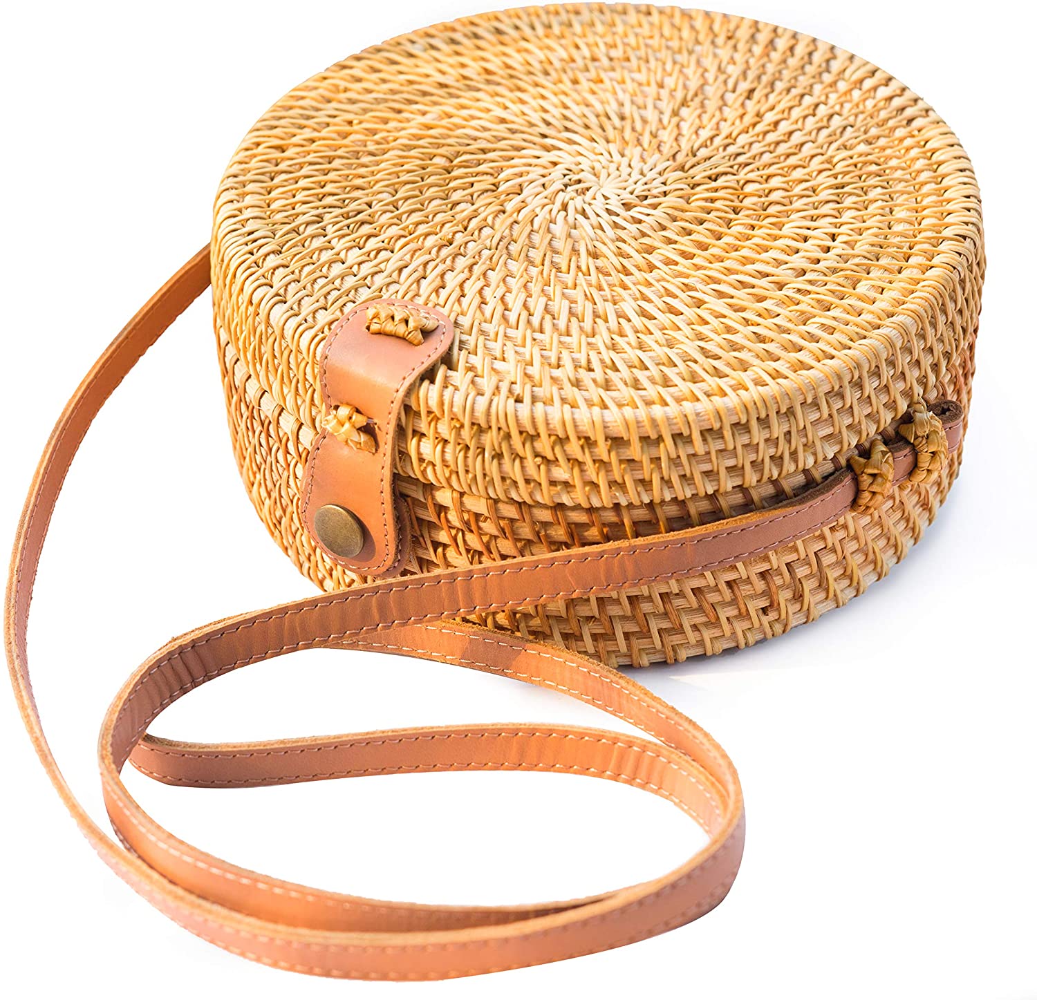 Price:$19.99 Handwoven Round Rattan Bag Shoulder Leather Straps Natural Chic Hand NATURAL NEO  Handbags   