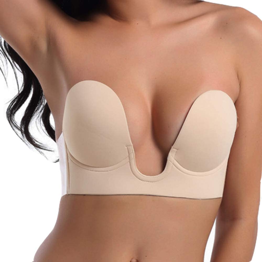 Price:$7.96 LifeEase Push Up Strapless Sticky Adhesive Invisible Backless Bras Plunge Reusable Bra Beige at Amazon Women’s Clothing store