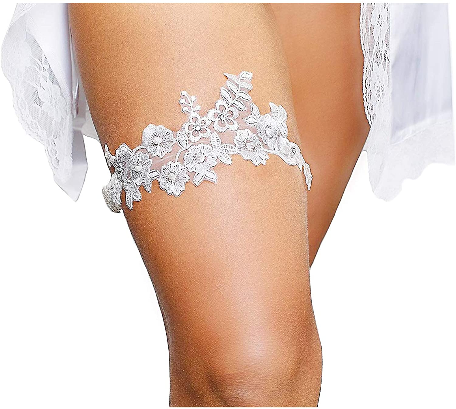 Price:$12.99    LR Bridal Ivory Floral Lace Wedding Bridal Garter with Rhinestone for Brides  Clothing