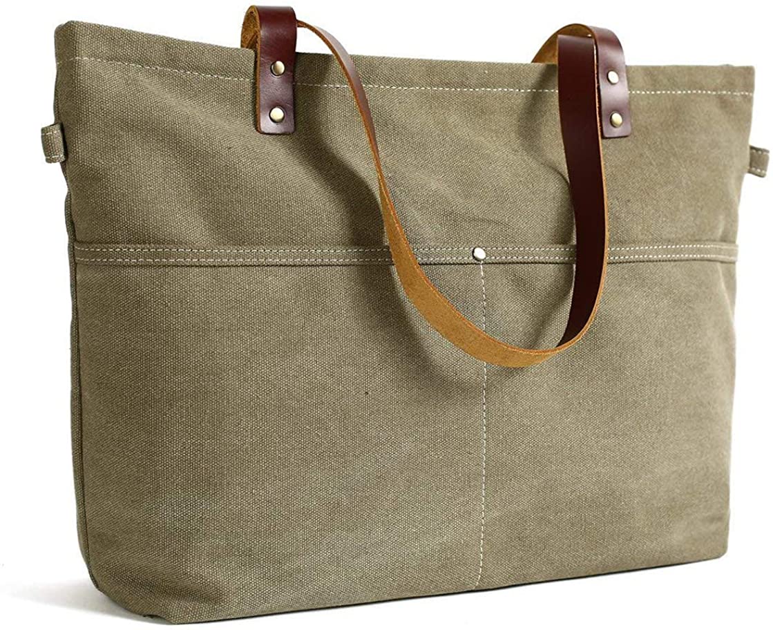 Price:$48.99    Canvas Leather Tote with Zipper Leather Tote Bag for Women Shoulder Bag Handbag  Clothing