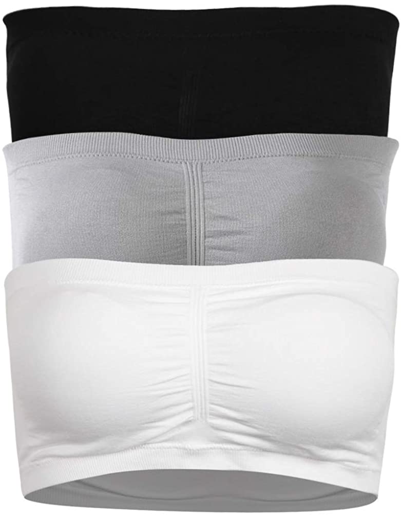 Price:$20.99    JPGO Bandeau Bra No Underwire, Basic Stretch Breathable Base Layer Padded Tube Top Bra 3 Pack Black Grey White,L  Clothing