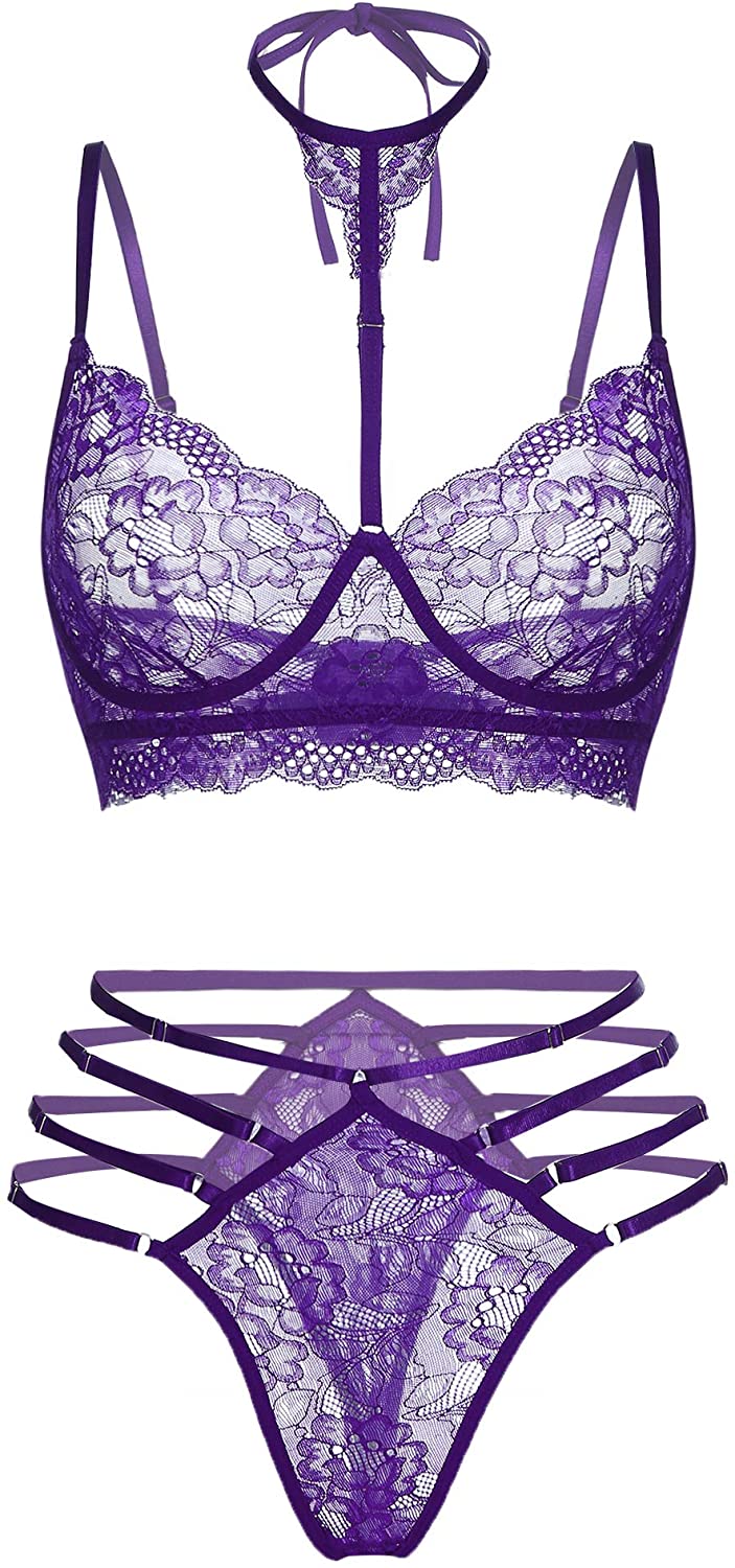 Price:$16.89    GEESENSS Women Deep V Lingerie Lace Babydoll Mini Bra and Panty Sets Purple  Clothing