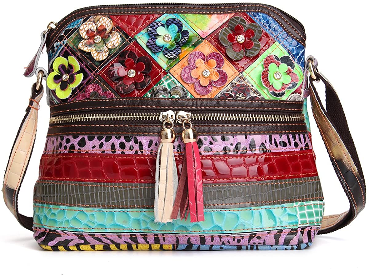 Price:$34.99 OURBAG Women's Crossbody Purse Genuine Leather Multicolor Flower Tote Shoulder Bag  Handbags   
