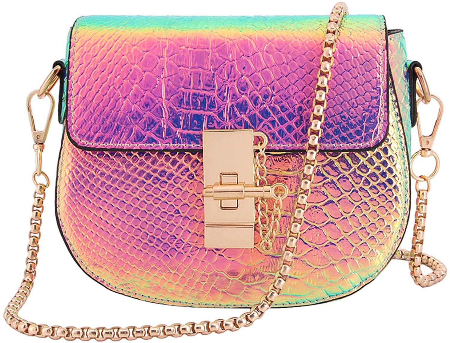 Price:$24.99 Candice Women Shiny Charming Chain Hologram Holographic Handbag Shoulder Bag Crossbody Bag for Gift  Handbags   
