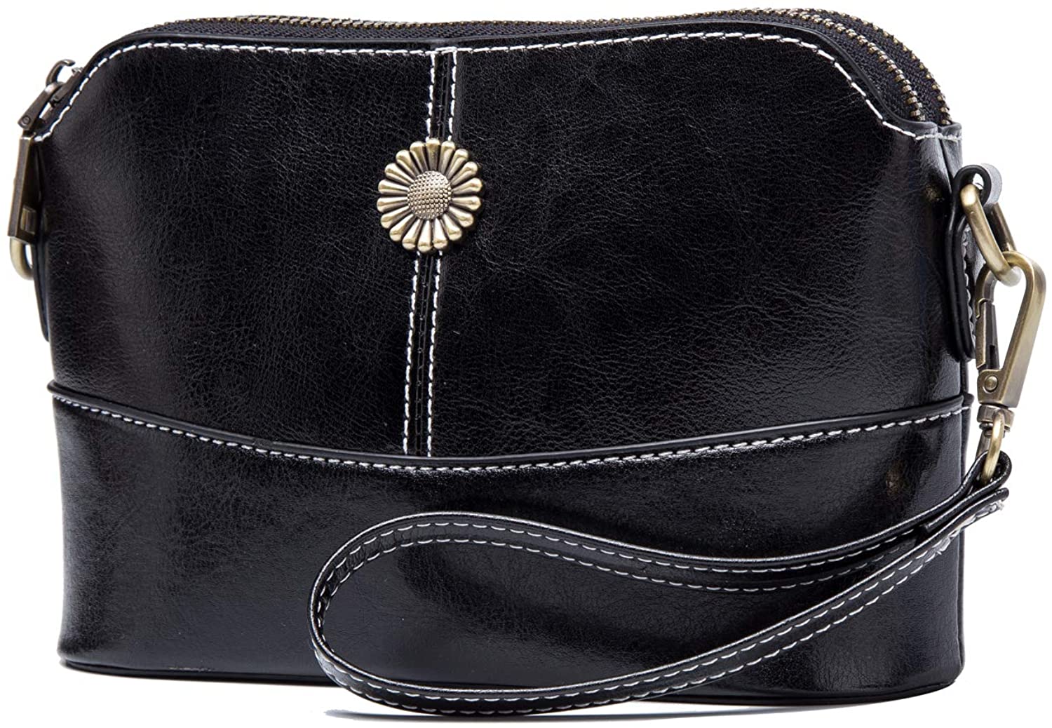 Price:$24.99 BISON DENIM Leather Wristlet Clutch Wallet Small Crossbody Shoulder Bag Clutch Handbag Purses for Women Sunflower Design Black  Handbags   