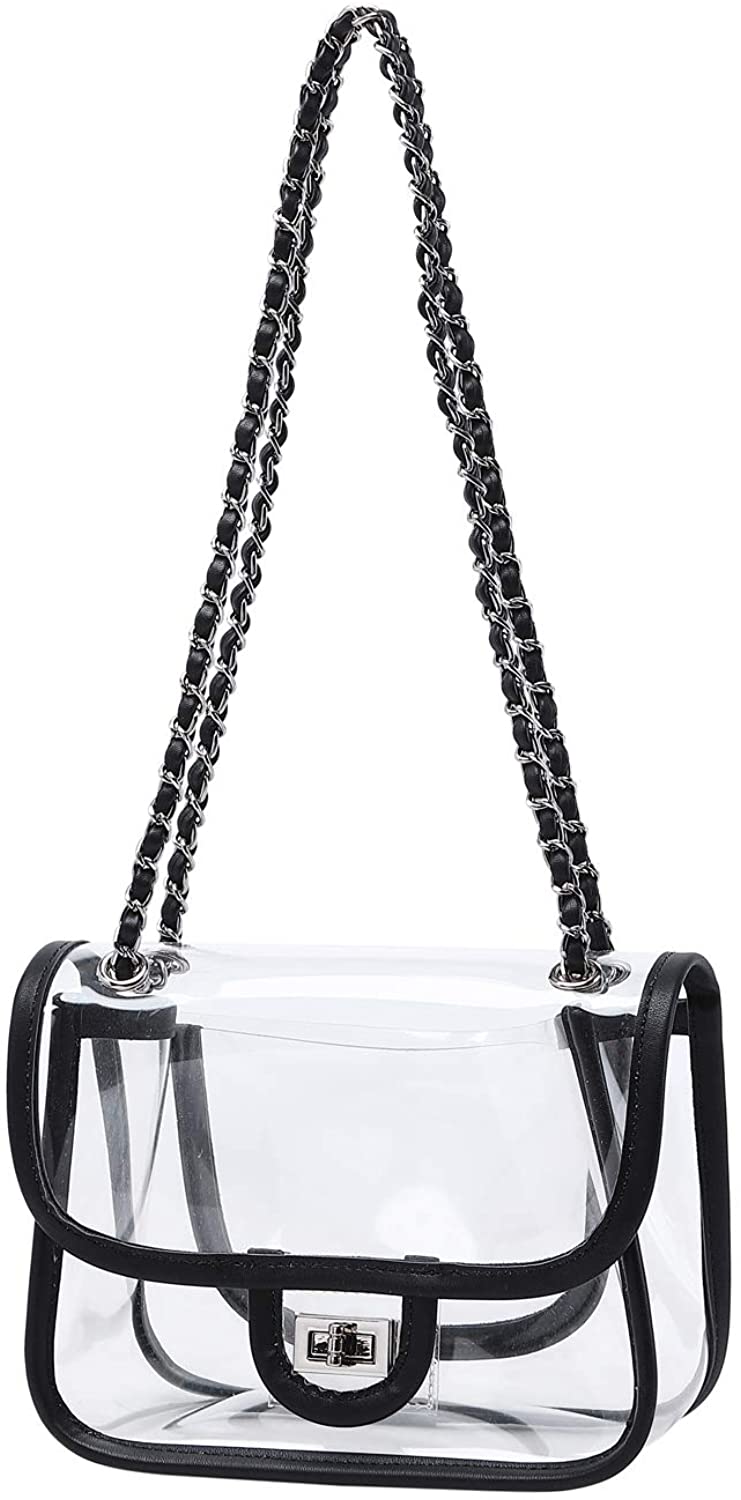 Price:$29.99 Lam Gallery Womens PVC Clear Purse Handbags for Working NFL Stadium Approved Bag Turn Lock Chain Shoulder Bag (Silver Hardware)(Small Black)  Handbags   