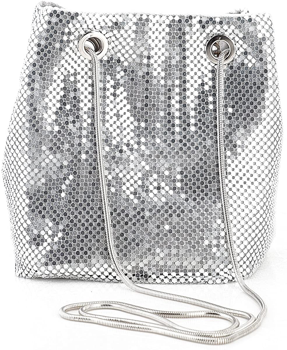 Price:$19.98 Evening Handbags Clutch Purses for Women Metal mesh Chain Mail Soft Bucket Bag Shoulder Bags in Silver  Handbags   