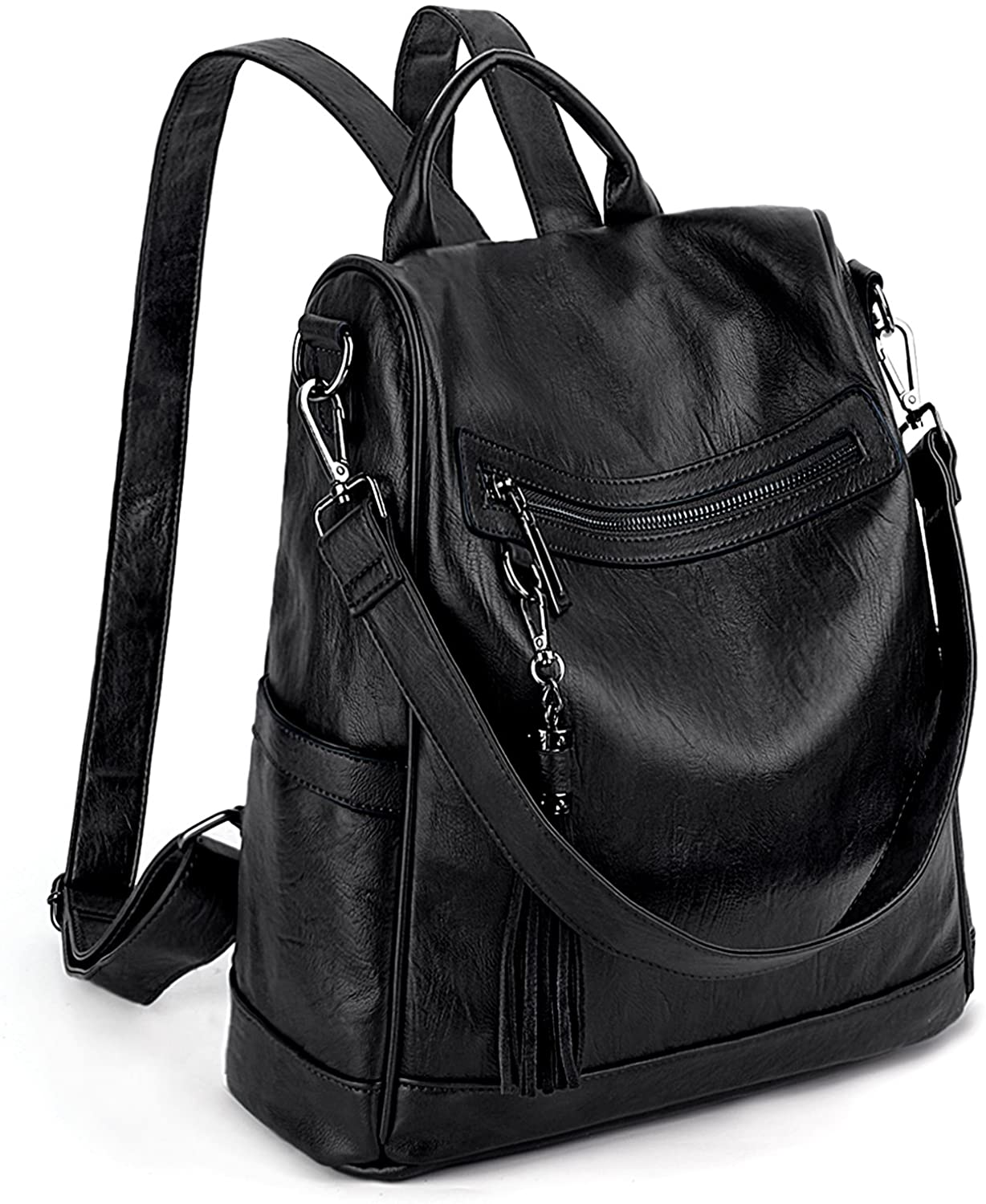 Price:$34.99    UTO Women Anti-Theft Backpack Purse PU Washed Leather Ladies Tassels Convertible Rucksack Shoulder Bag Black  Clothing